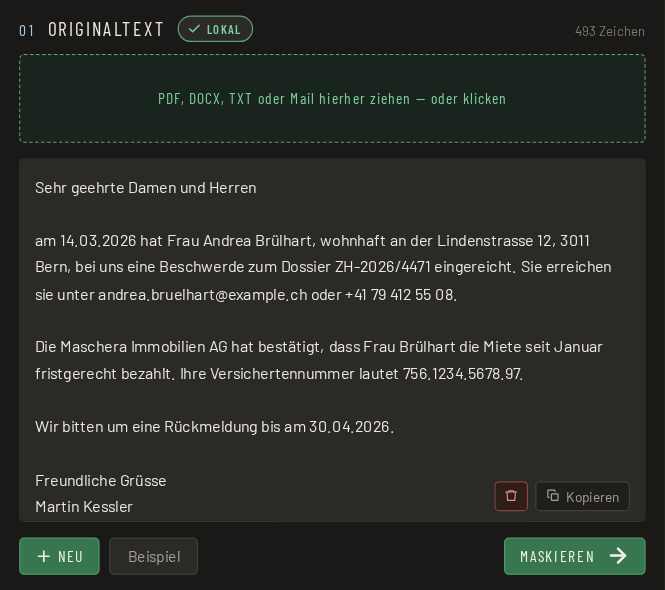 Schritt 1: ein Dokument in MASCHERA ablegen oder Text einfügen