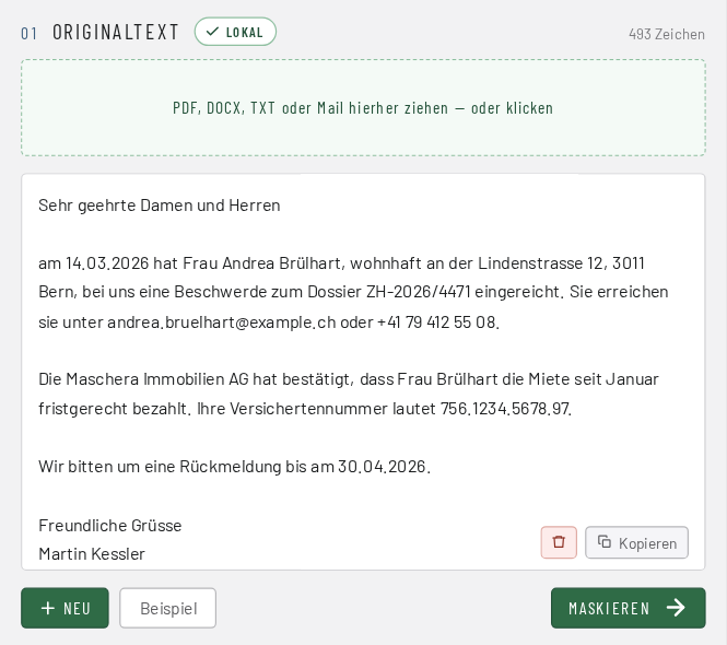 Schritt 1: ein Dokument in MASCHERA ablegen oder Text einfügen