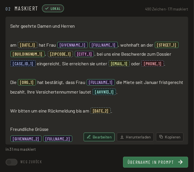 Schritt 2: der Text ist maskiert, die Personendaten stehen als Platzhalter