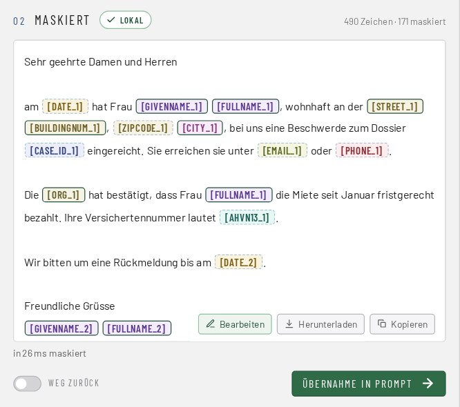 Schritt 2: der Text ist maskiert, die Personendaten stehen als Platzhalter