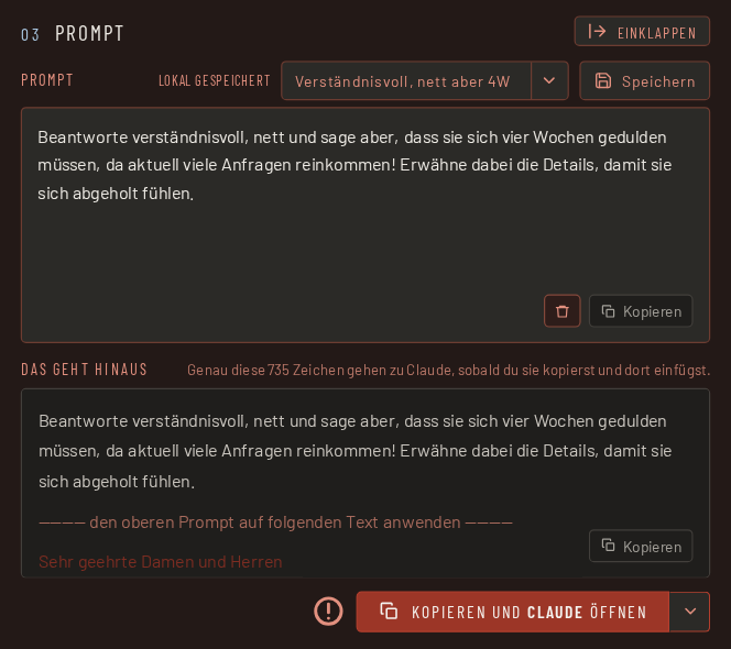 Schritt 4: den maskierten Text kopieren und im KI-Dienst einfügen