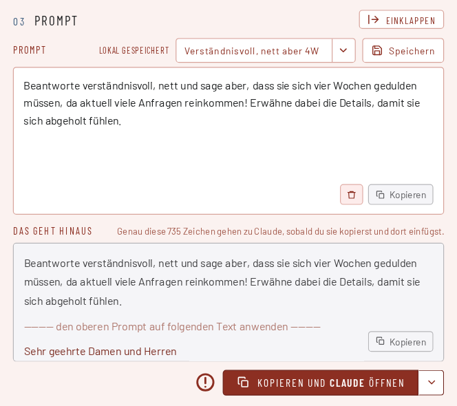 Schritt 4: den maskierten Text kopieren und im KI-Dienst einfügen