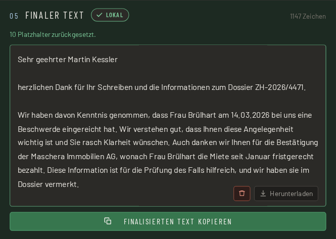 Schritt 5: die Antwort einfügen, MASCHERA setzt die echten Werte wieder ein