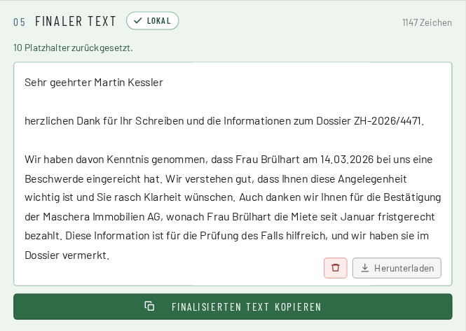 Schritt 5: die Antwort einfügen, MASCHERA setzt die echten Werte wieder ein