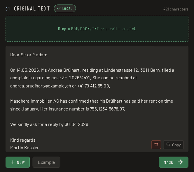 Step 1: drop a document into MASCHERA or paste text