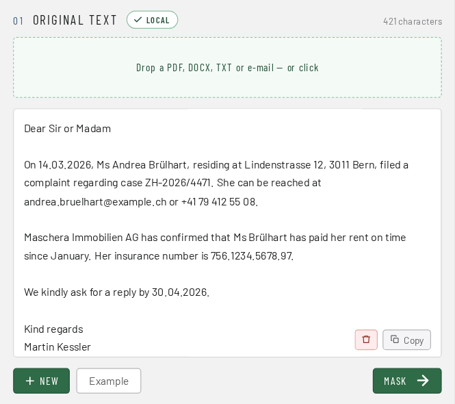 Step 1: drop a document into MASCHERA or paste text