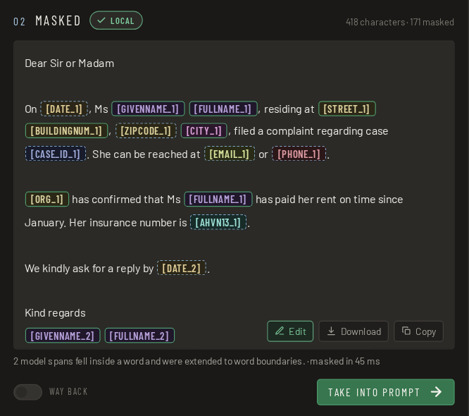 Step 2: the text is masked, personal data replaced by placeholders