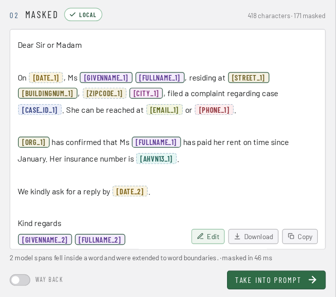 Step 2: the text is masked, personal data replaced by placeholders