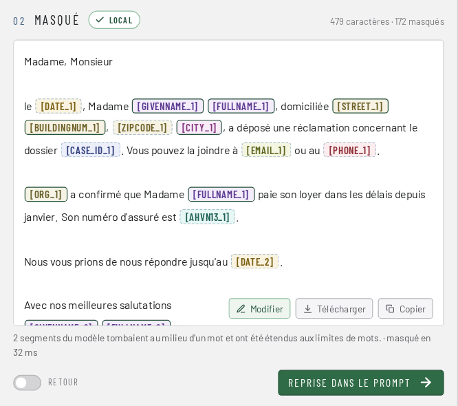 Étape 2 : le texte est masqué, les données personnelles sont remplacées par des marqueurs