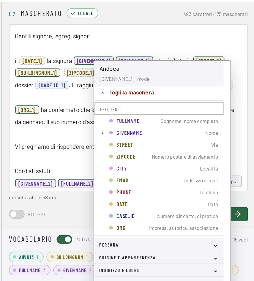 Un’occorrenza con la sua provenienza: modello, schema o cifra di controllo