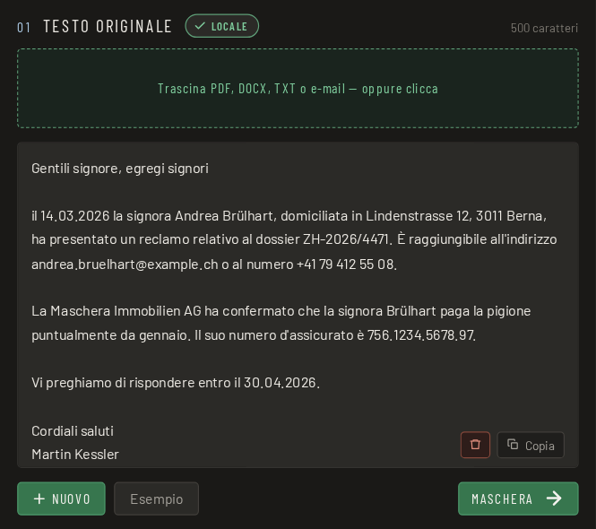 Passo 1: depositare un documento in MASCHERA o incollare del testo