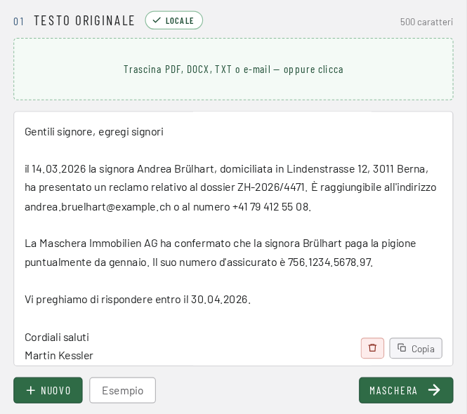 Passo 1: depositare un documento in MASCHERA o incollare del testo