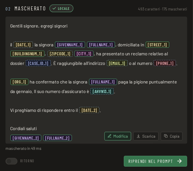 Passo 2: il testo è mascherato, i dati personali sono sostituiti da segnaposto