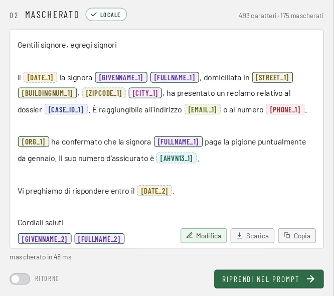 Passo 2: il testo è mascherato, i dati personali sono sostituiti da segnaposto